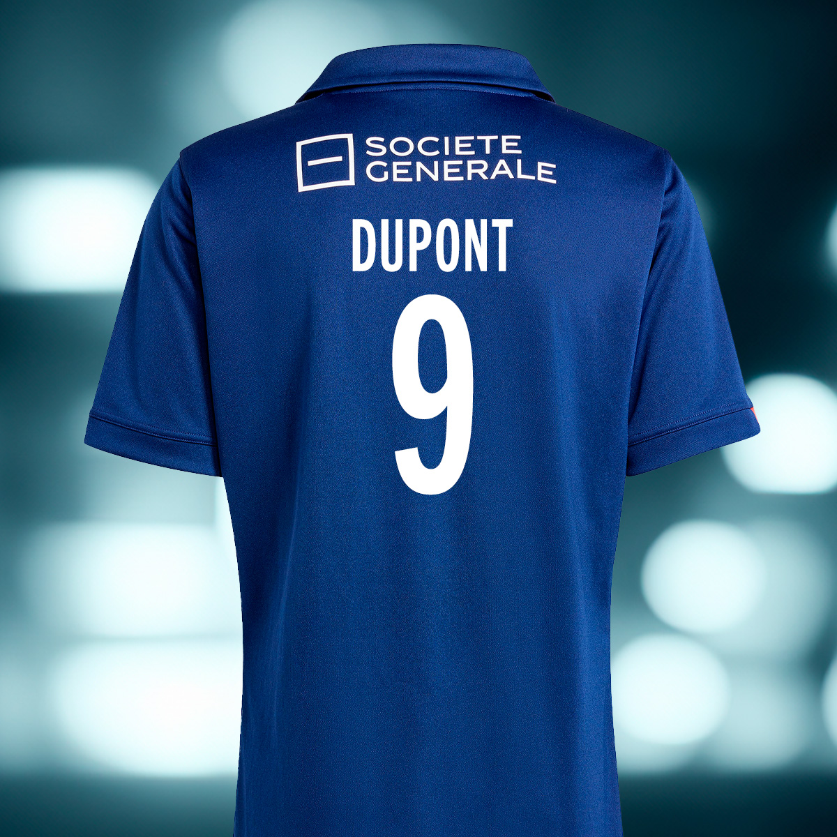 Back of a France rugby home shirt with the name Dupont and number 9