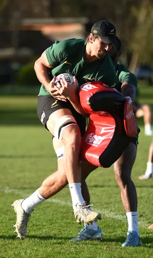 South Africa players using a tackle pad during training session