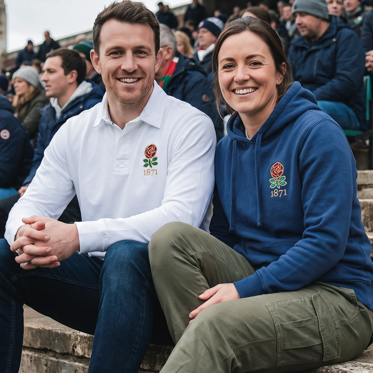 A couple sit watching a rugby match from the side of the pitch. They are both smiling at the camera and wearing products from the R1823 England 1871 Collection.