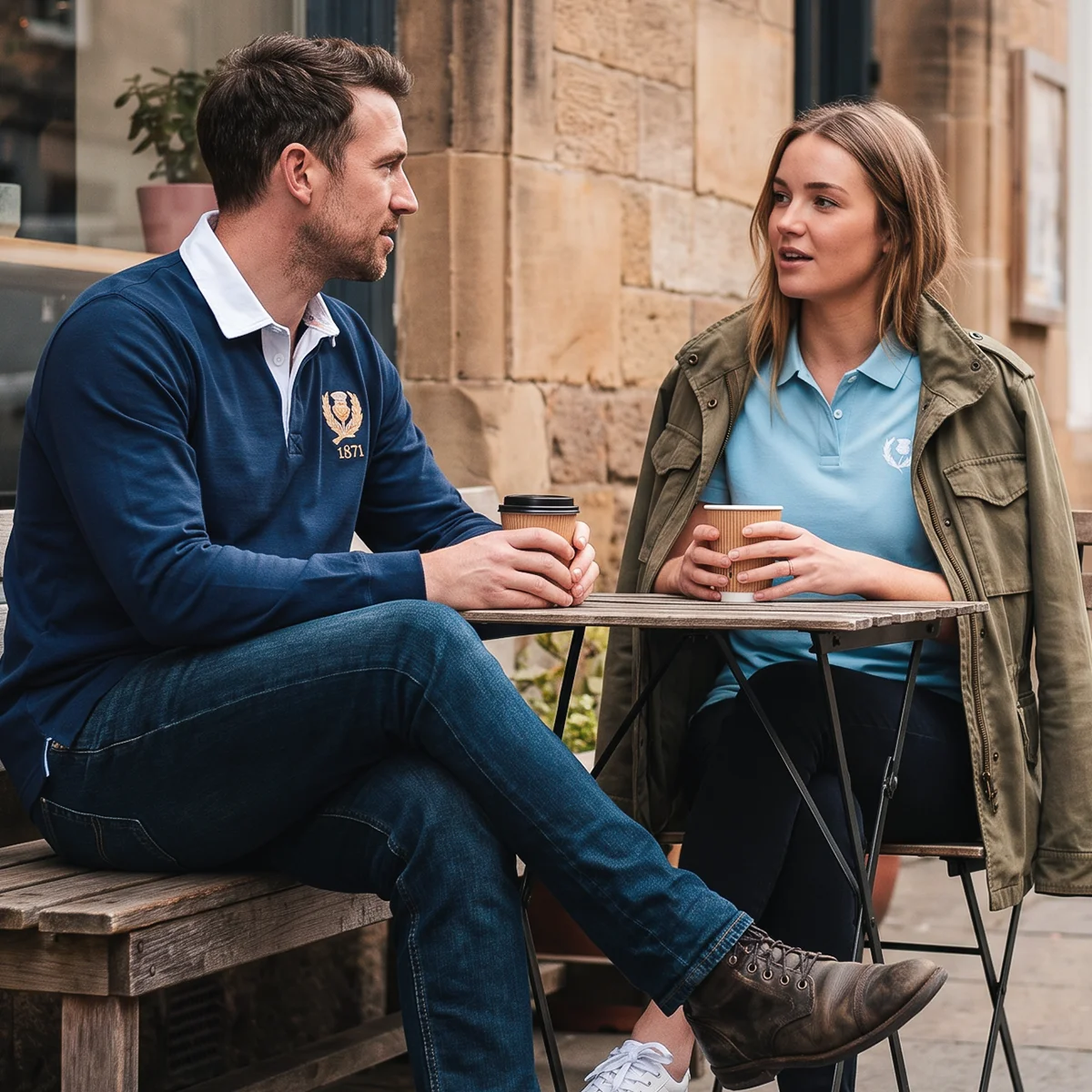 A couple sit outside an Edinburgh cafe in conversation, drinking coffee while wearing Scotland rugby shirts from the R1823 range.